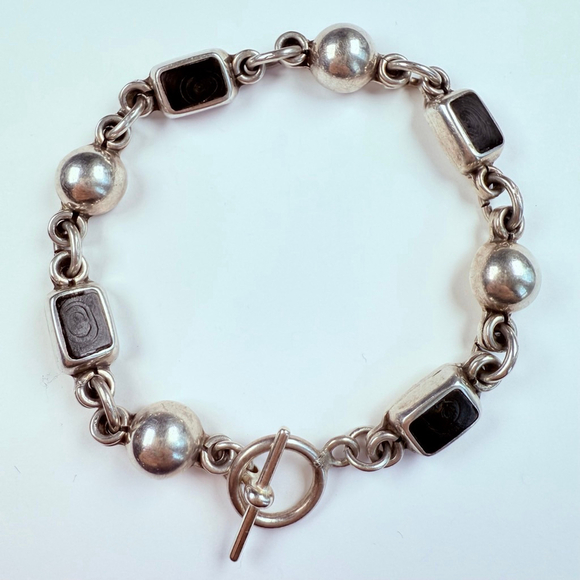 Modernist Petrified Fossilized Wood Ball Chain Sterling Silver 925 VTG Bracelet - Picture 1 of 8